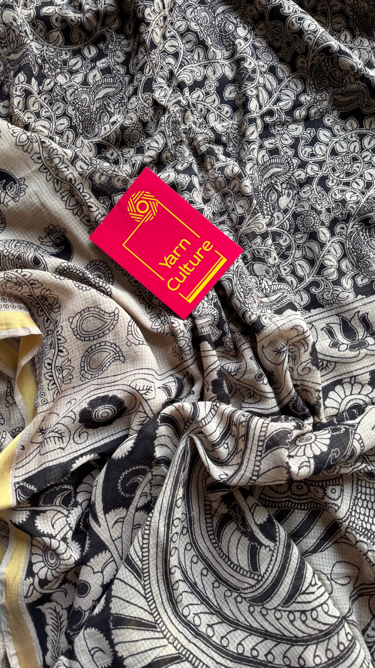 Black cream floral kalamkari saree in kota, with zari border - YCWOTDKKFE19