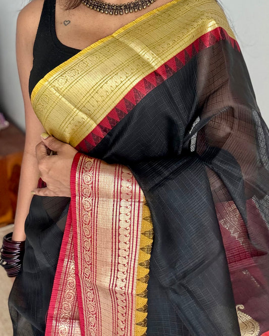 Black kota doria saree with yellow and red contrast zari borders - YCFWKFE87