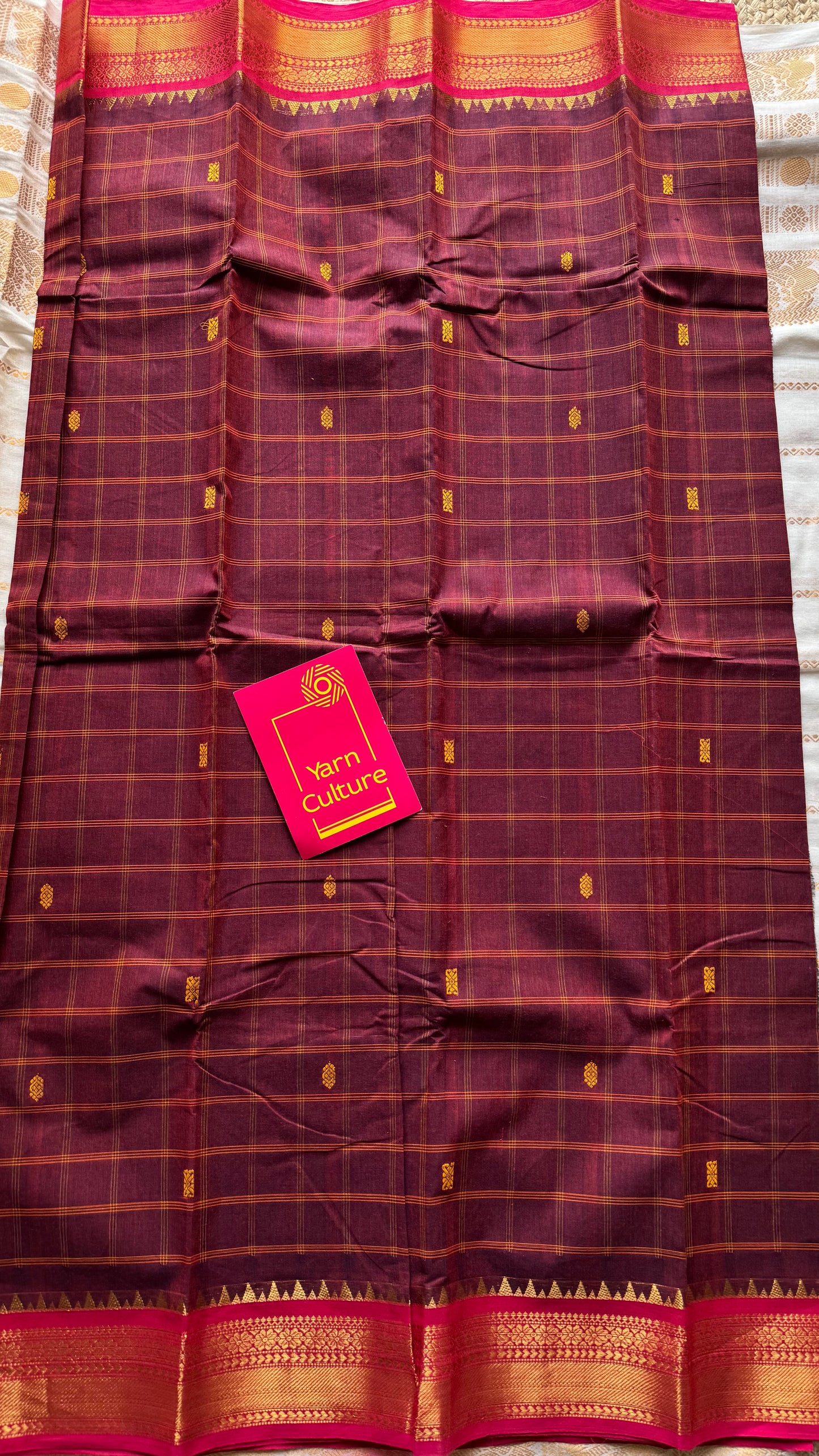 Maroon and fuchsia pink contrast, checkered Chettinad cotton saree - YCCOTNMA266