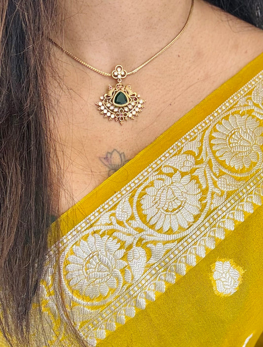 Green, white, ruby stone pendant neckpiece, with earrings - YCGPNP674