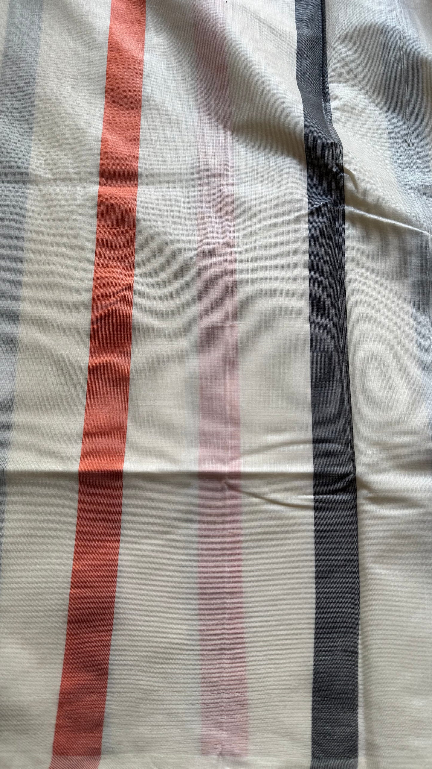 Ivory Kerala cotton saree with peach and dark grey stripes - YCIEKCFE305