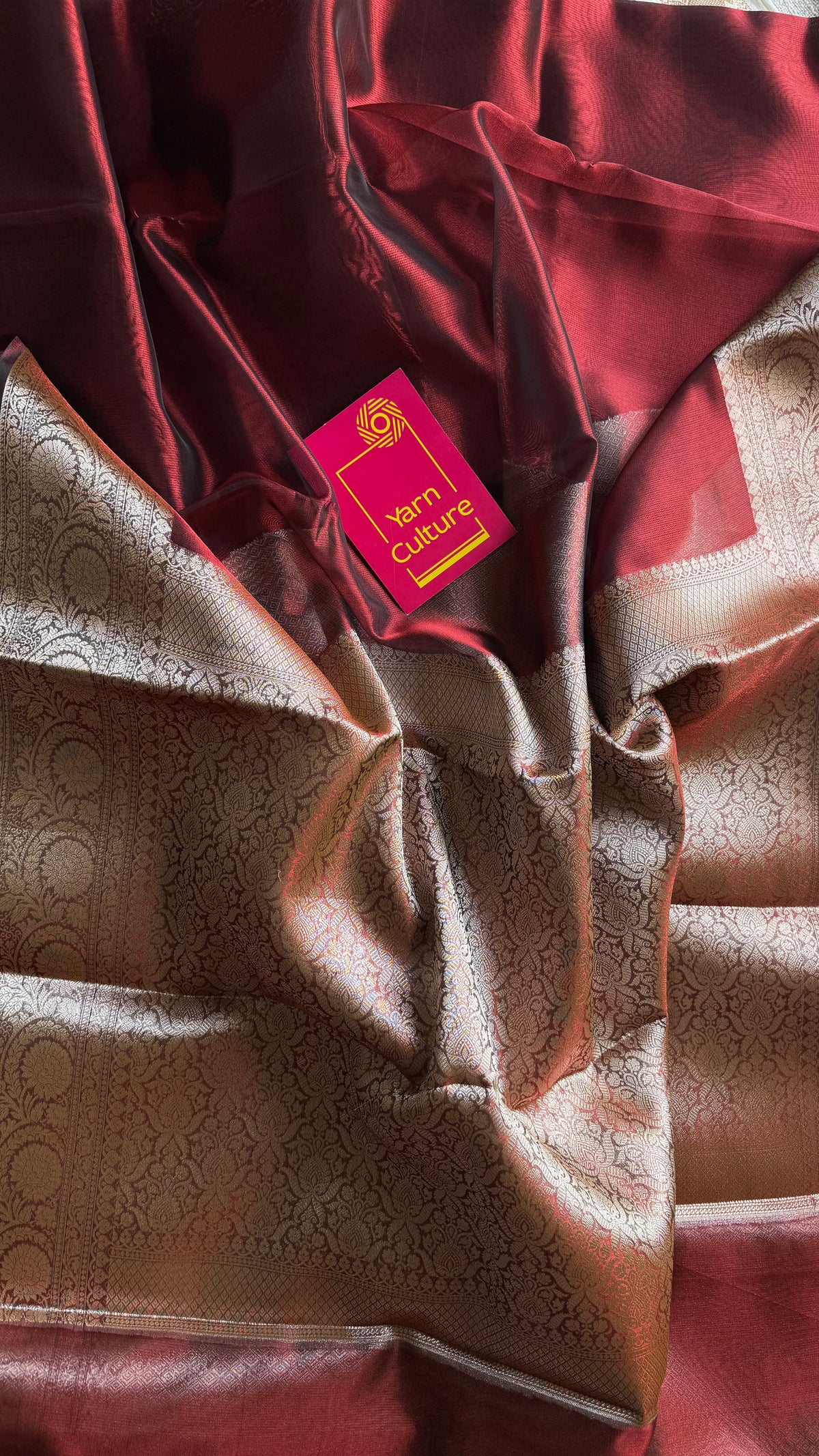 Dark red tissue Banarasi saree with zari border - YCBLTOC84