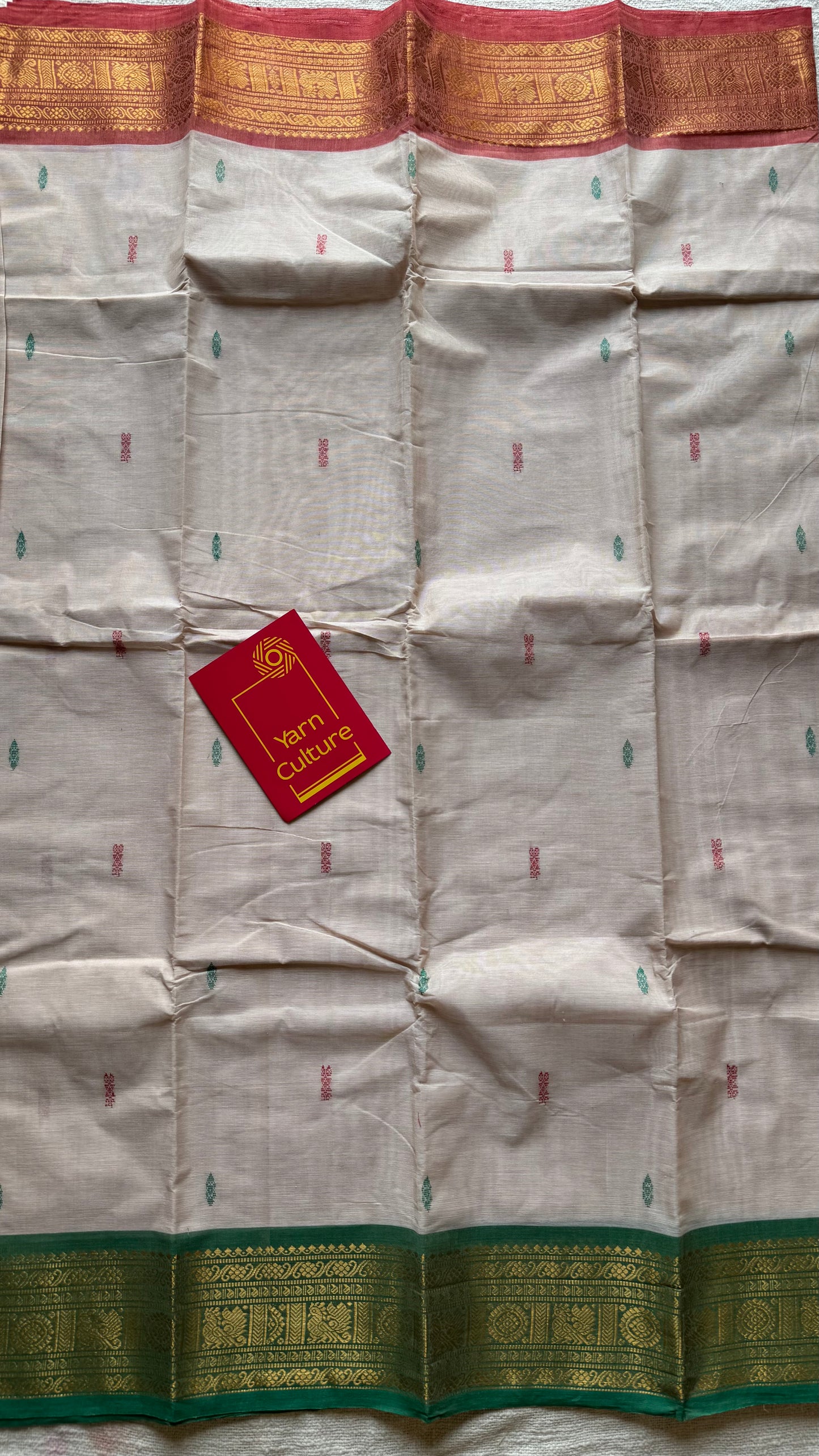 Beige with green pink and coral red contrast, kanchi cotton saree - YCCOTNMA327