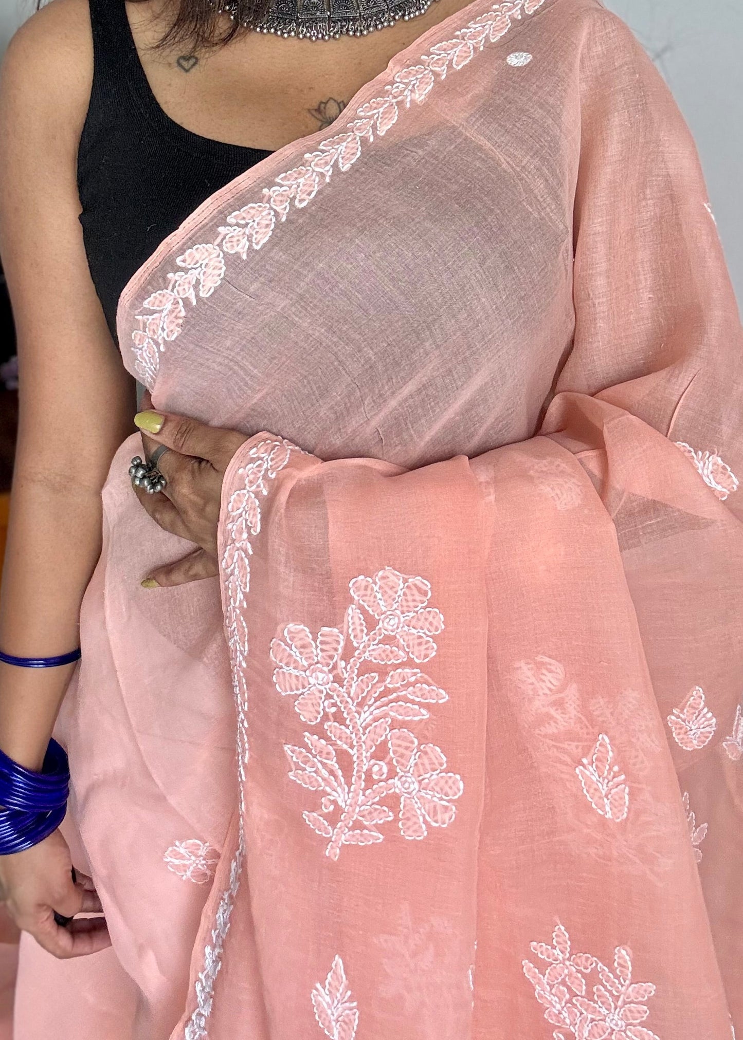 light peach chikankari cotton saree