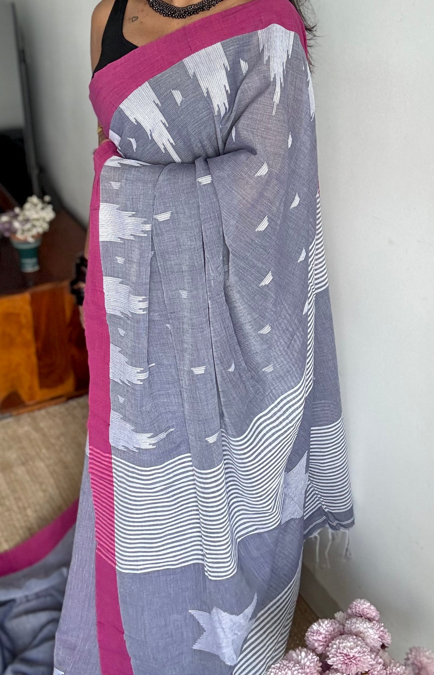 Cool grey with purple pink borders, temple motif woven threadwork, soft cotton - YCBCMKCDE30