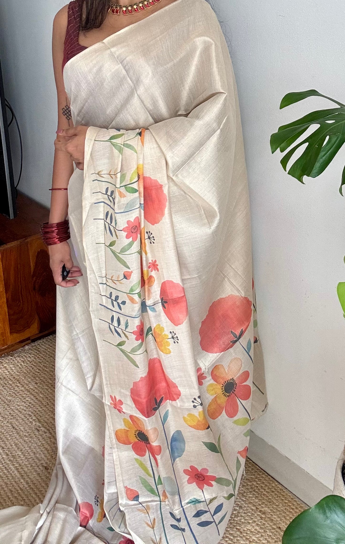 Sandal soft semi tissue saree, multicoloured floral prints - YCIEON82