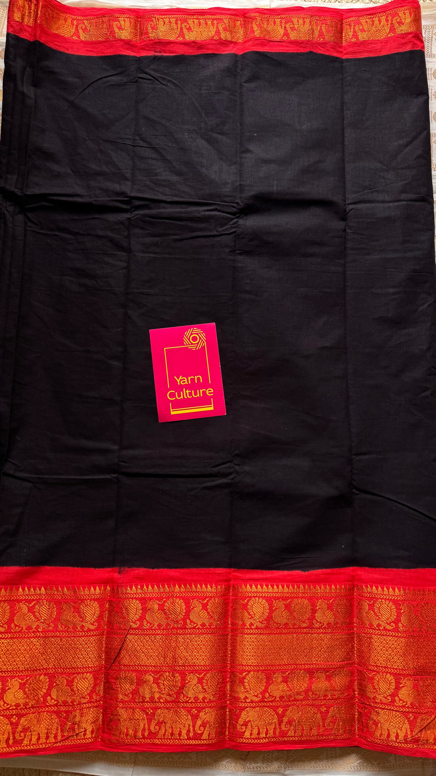 Black long border sungudi saree with chilli red contrast, kattuchayam dyed madurai cotton - YCCOTNMA252