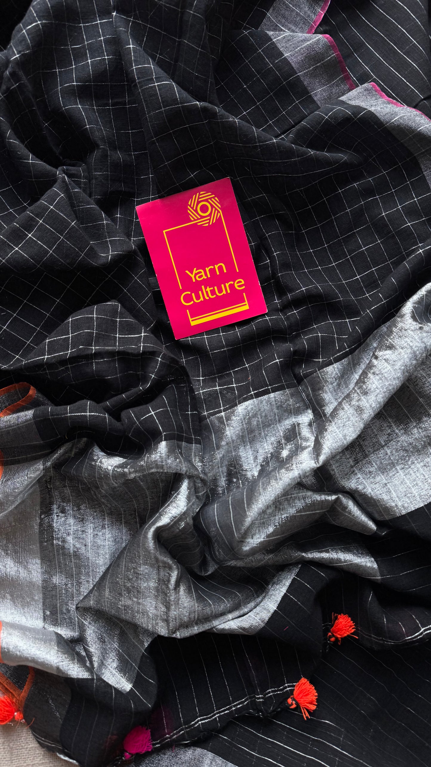 Black linen by cotton saree, silver checks & zari pallu - YCBCLCFE389