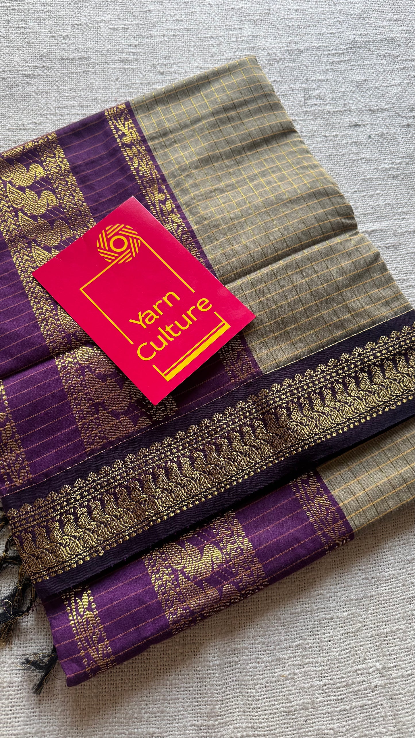 Grey with wine, checkered saree, cotton silk - YCCOTNKCFE64
