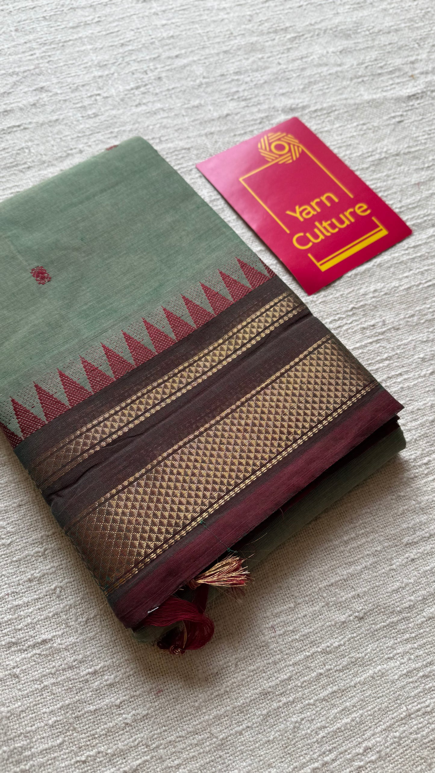 Kanchi cotton saree, mint green with brown khun inspired zari border - YCCOTNAP81
