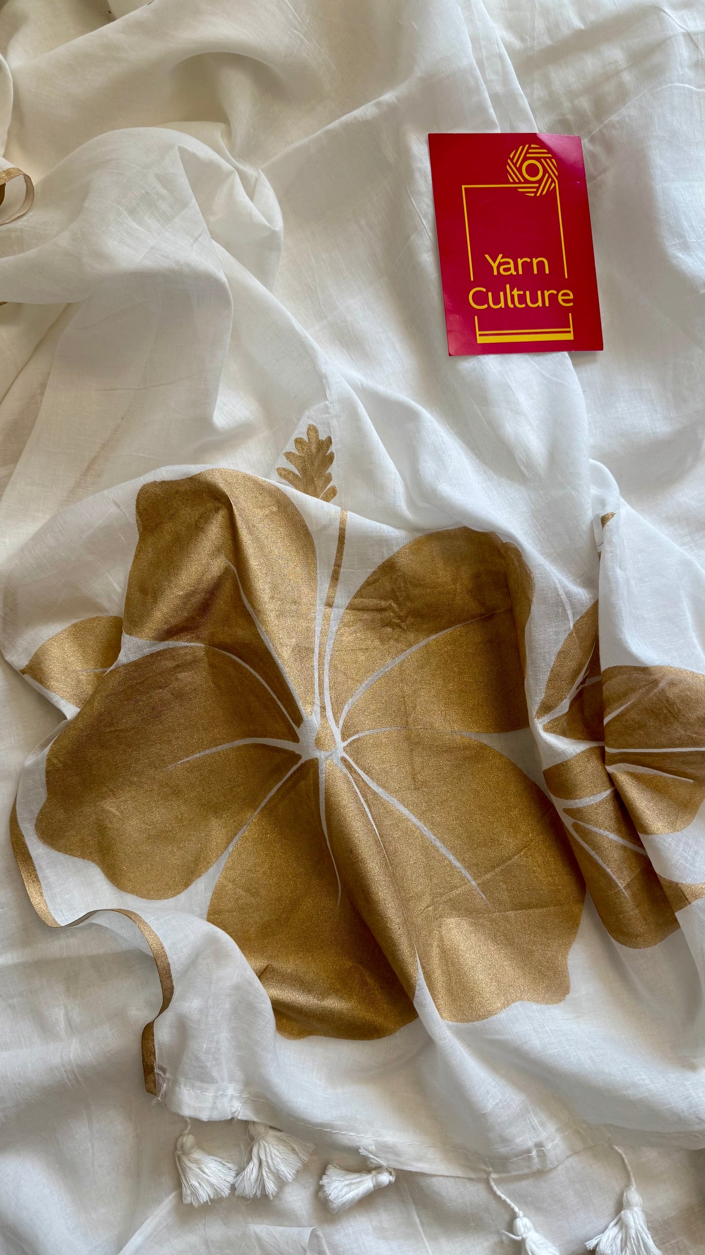 Ivory mul saree, statement floral painted pallu - YCIEON35