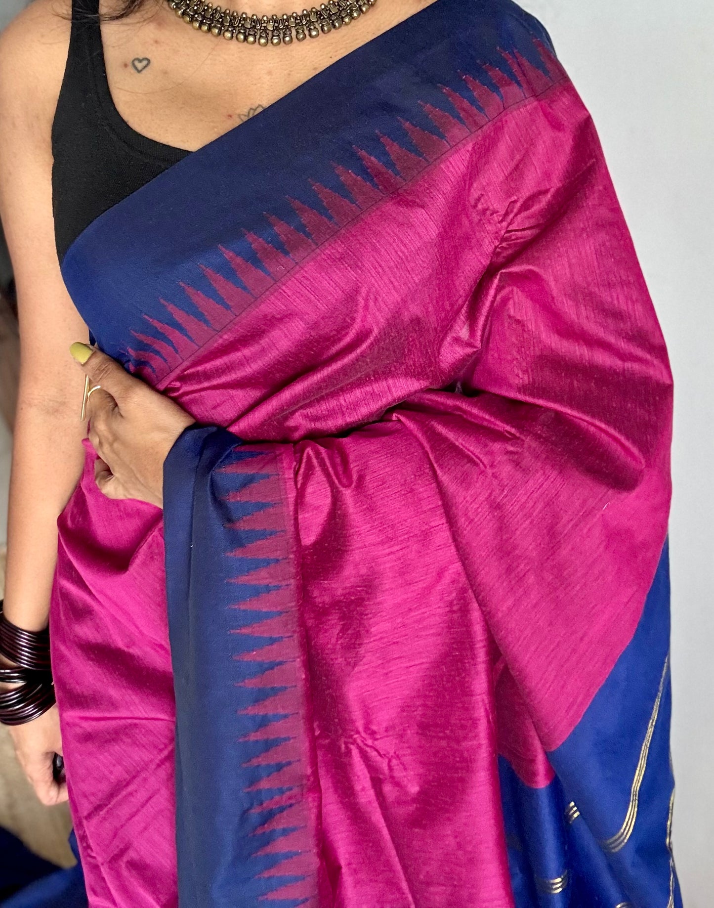 Magenta with blue contrast, temple border saree, cotton silk - YCCOTNTBFE62