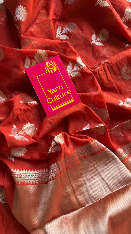 Rust orange with gold and silver floral buttas, Banarasi semi-crepe silk - YCDESE50