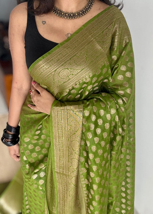 Harita - Olive green, antique gold zari, Banarasi semi georgette - YCBLFEGAGZ18