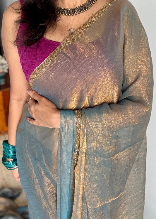 Teal Appeal - teal grey, metallic dual tone space silk, embellished border - YCDOSDE53