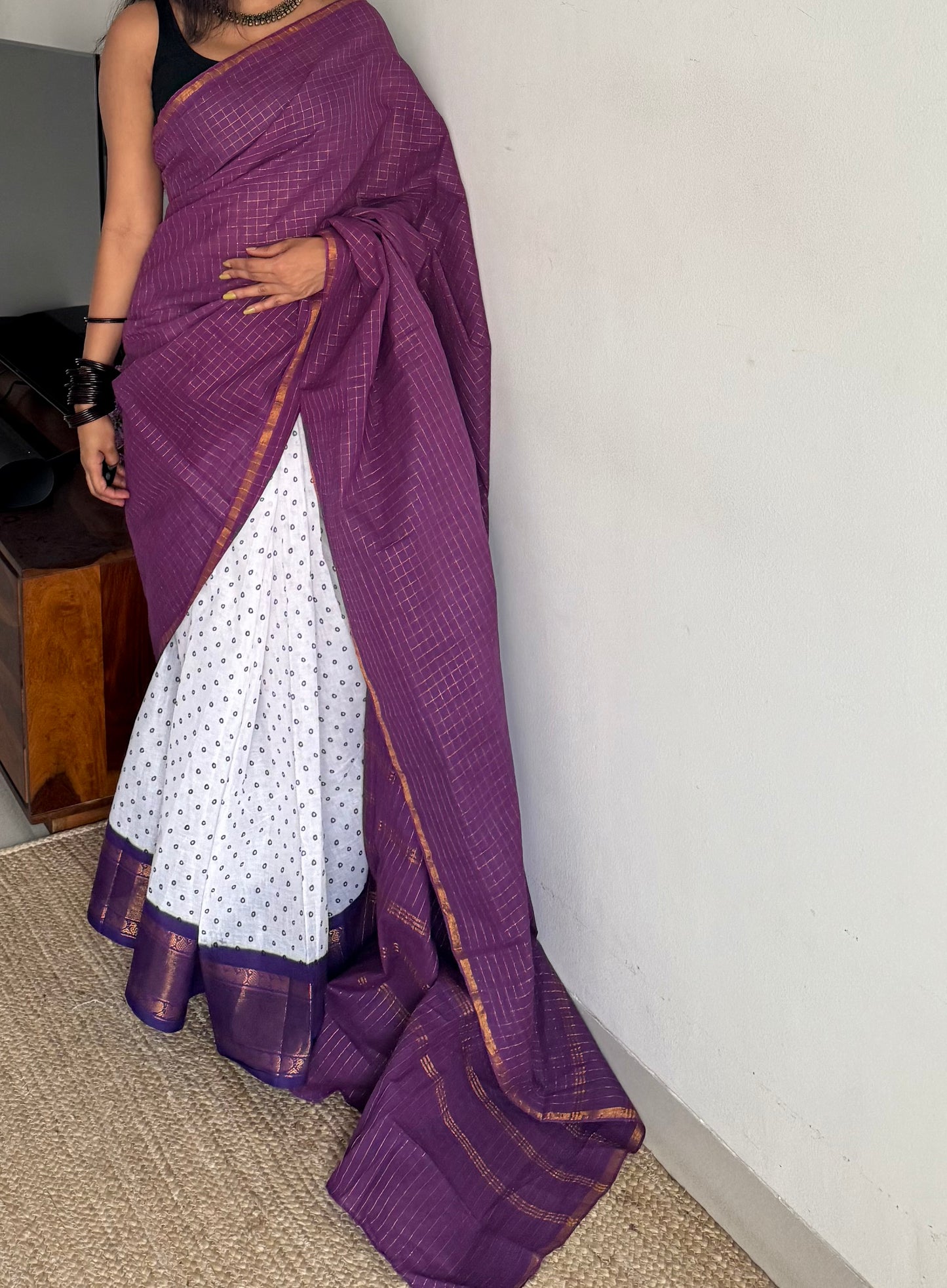 Purple with white, sungudi cotton half-half saree - YCCOTNMSFE372