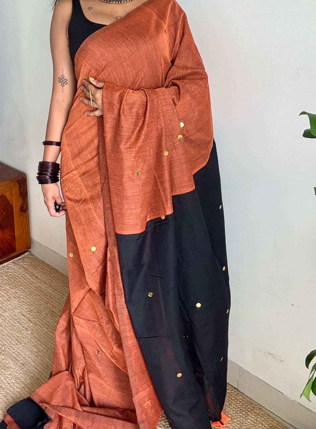 Orange with black contrast pallu, gini sequins, soft cotton saree - YCBCSCOC04