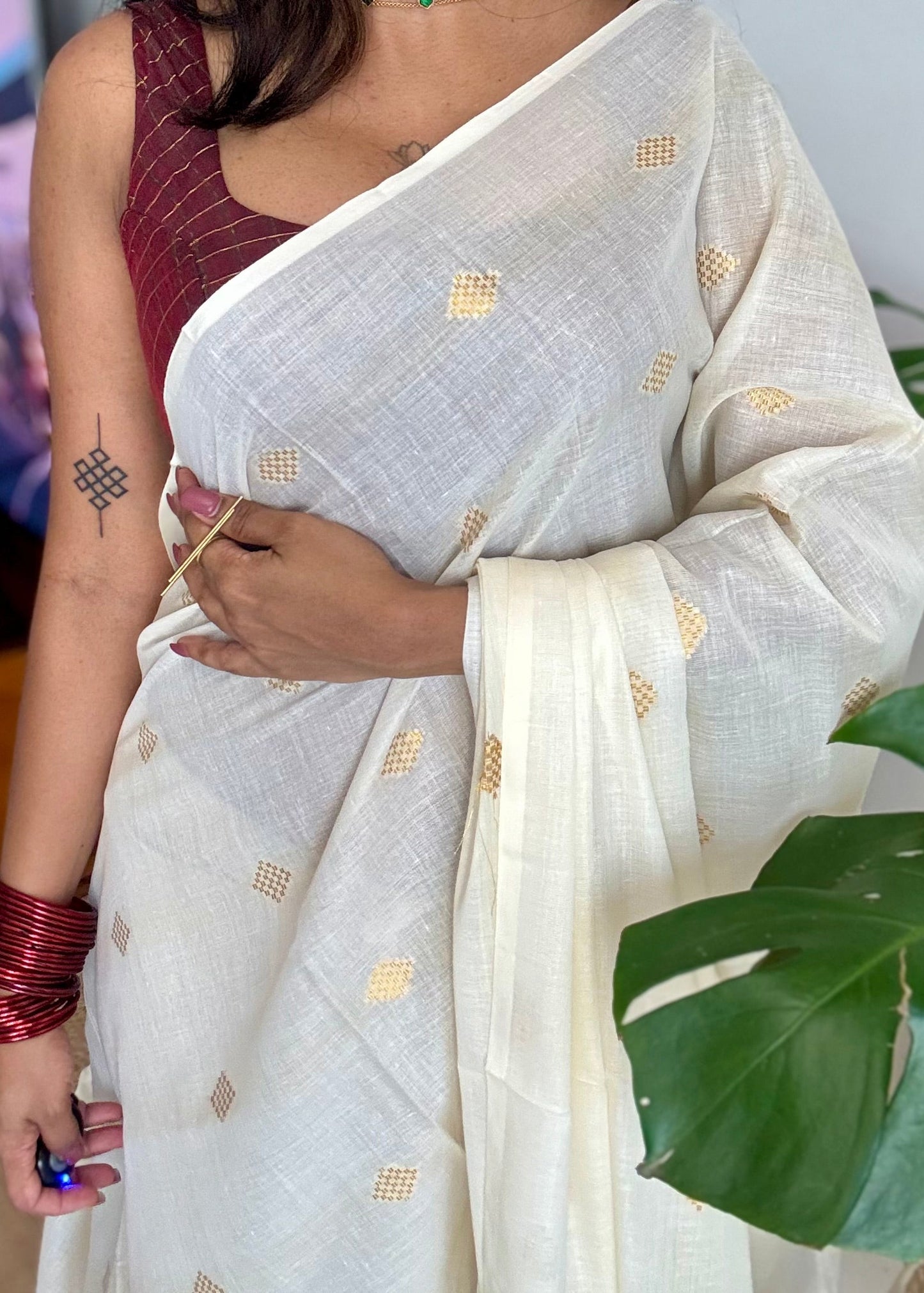 Ivory and gold kerala saree with woven buttas - YCIEON42