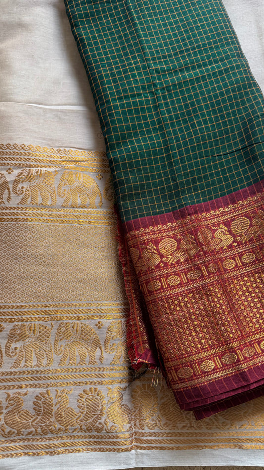 Ivory gold - Green half saree (dhavani), unstitched material, soft cotton - YCAHSN20