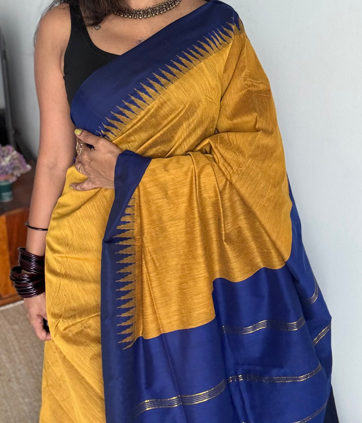 Turmeric yellow with blue contrast, temple border saree, cotton silk - YCCOTNTBFE57