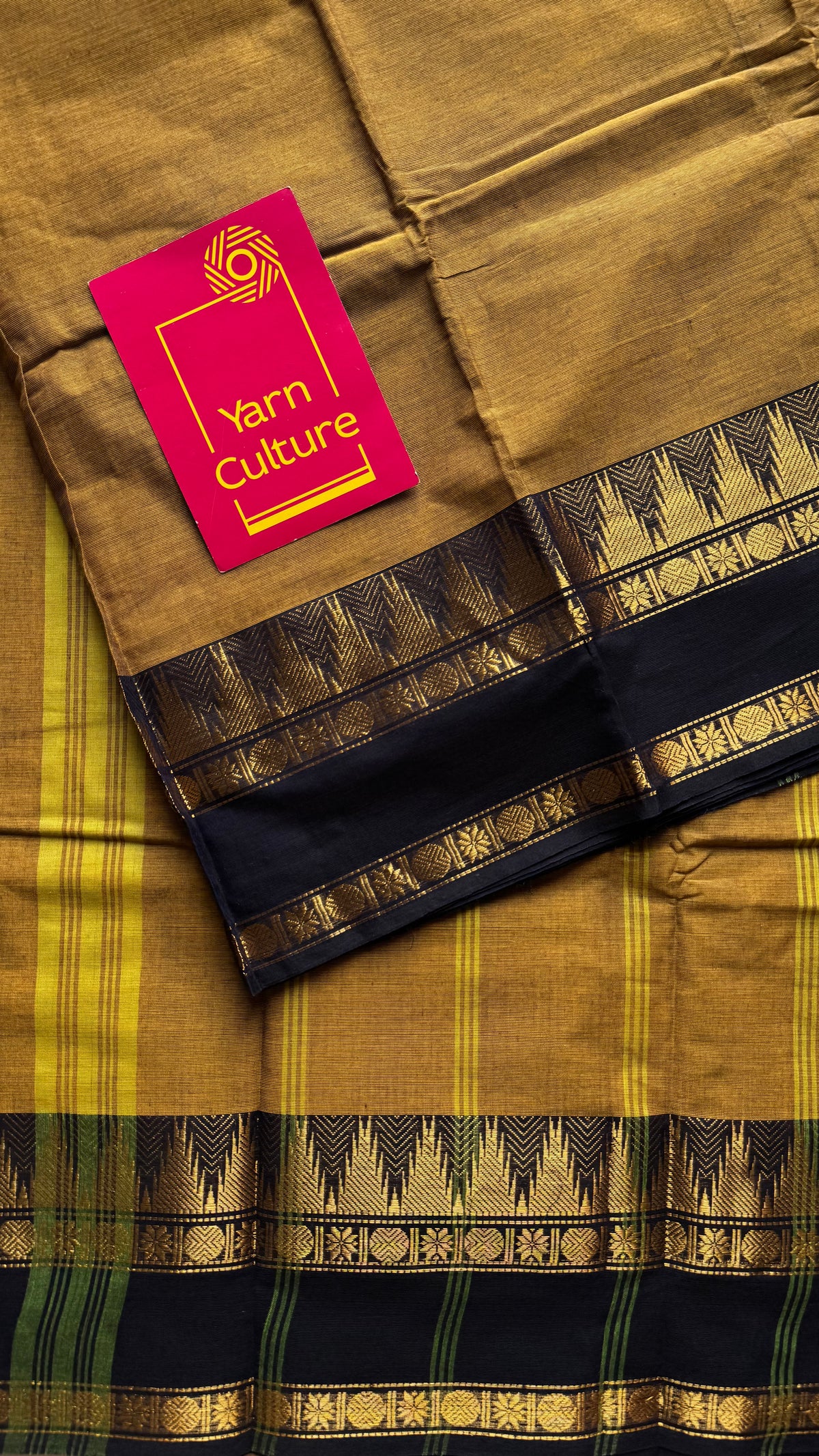 Mustard yellow with black gap zari border, kanchi cotton saree - YCCOTNCCOC118