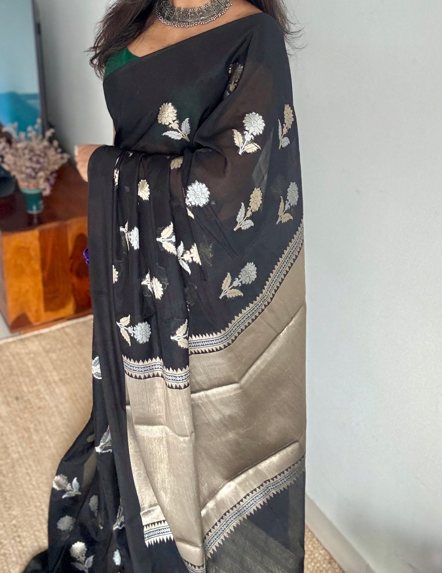 Black with gold and silver floral buttas, Banarasi semi-crepe silk - YCDESE49