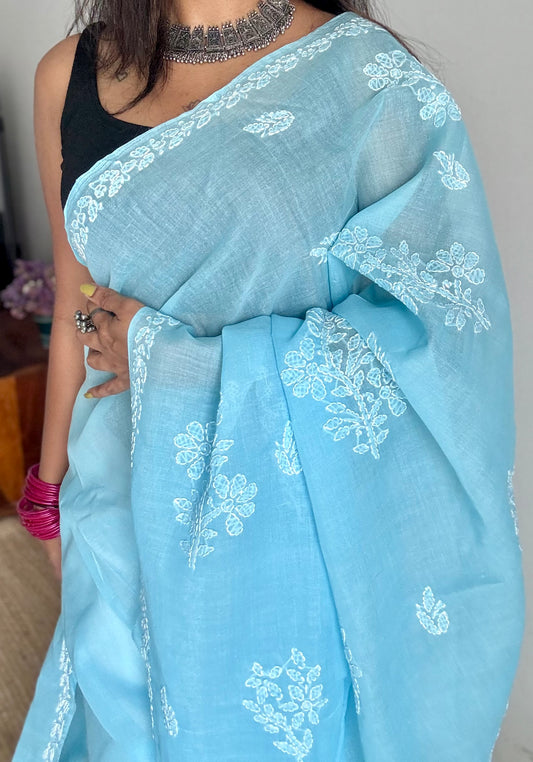 Falak - sky blue hand-embroidered chikankari cotton saree - YCLCKFE424