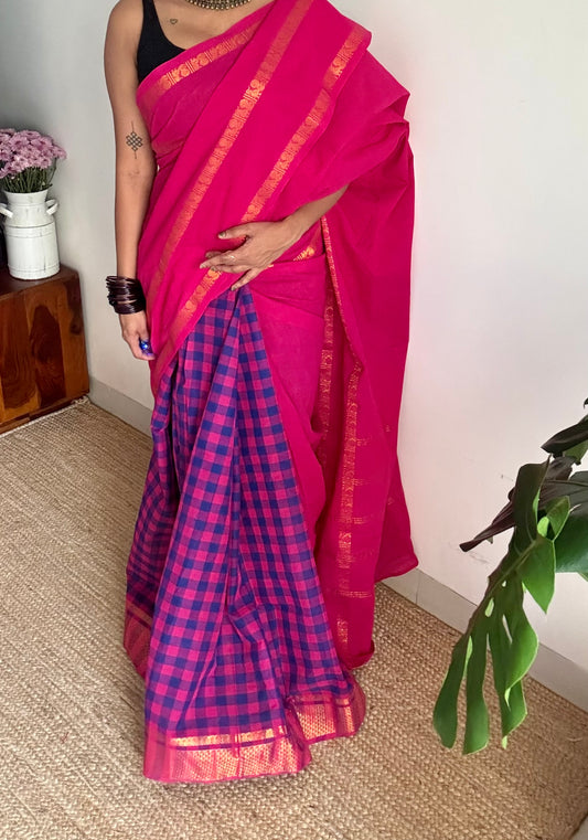 Hot pink with multicoloured checks, sungudi and chettinad cotton half and half saree - YCCOTNIDOC147