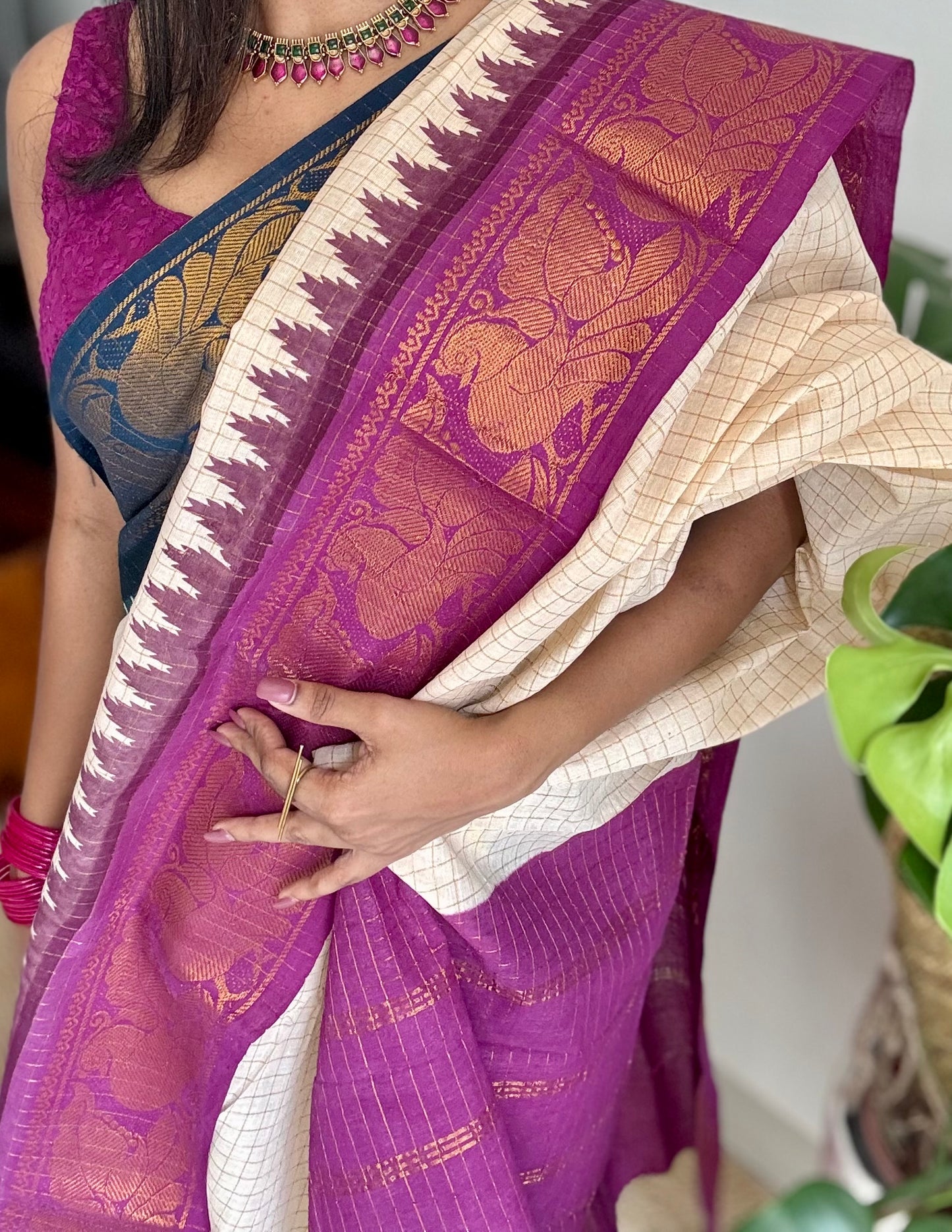 Sungudi cotton checks, ivory gold base, teal and magenta dual tone border, soft cotton - YCIEON101