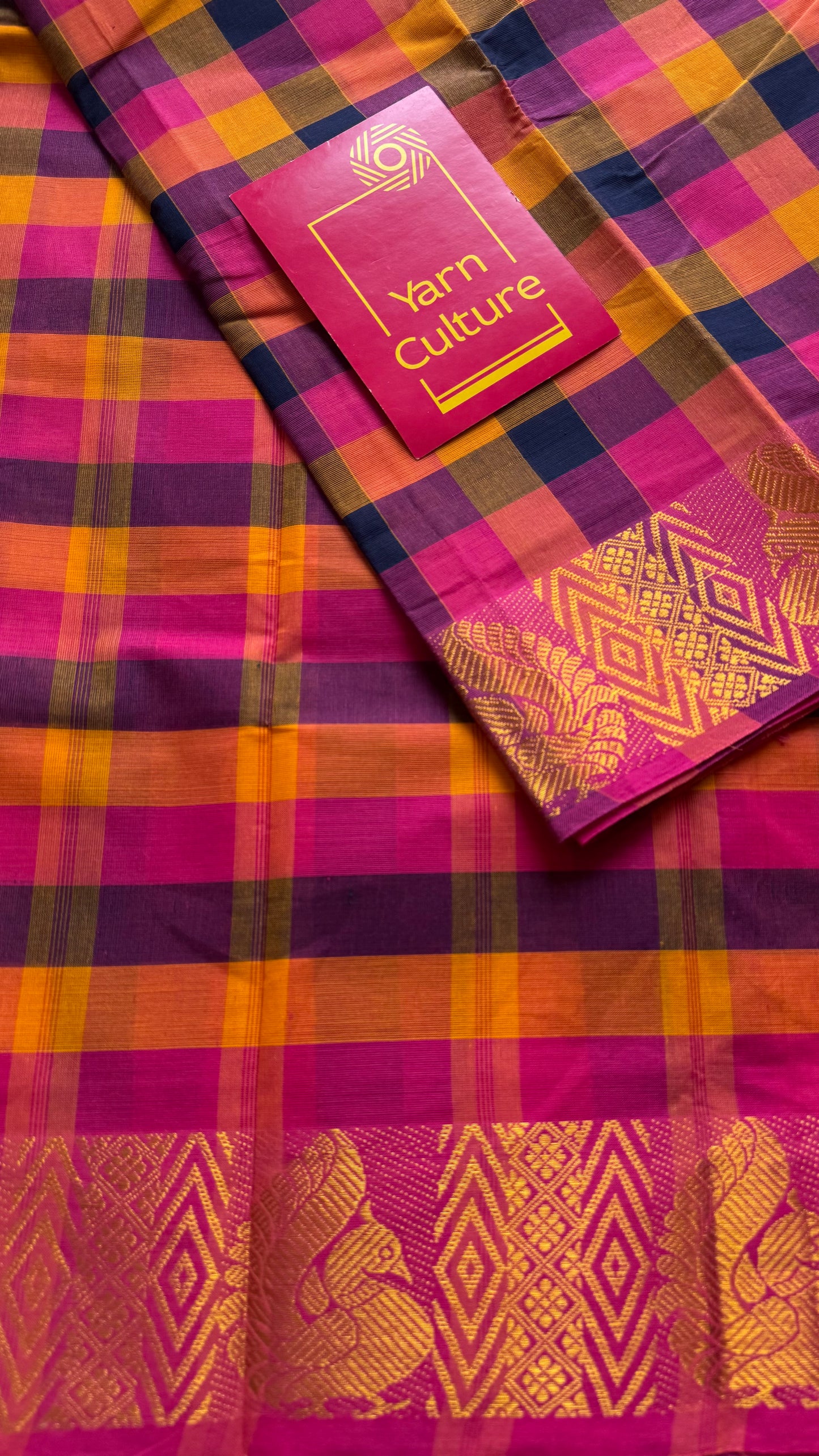 Multicolour Chettinad cotton saree with paalum pazhamum checks (hot pink, yellow, navy, orange) - YCCOTNMA281