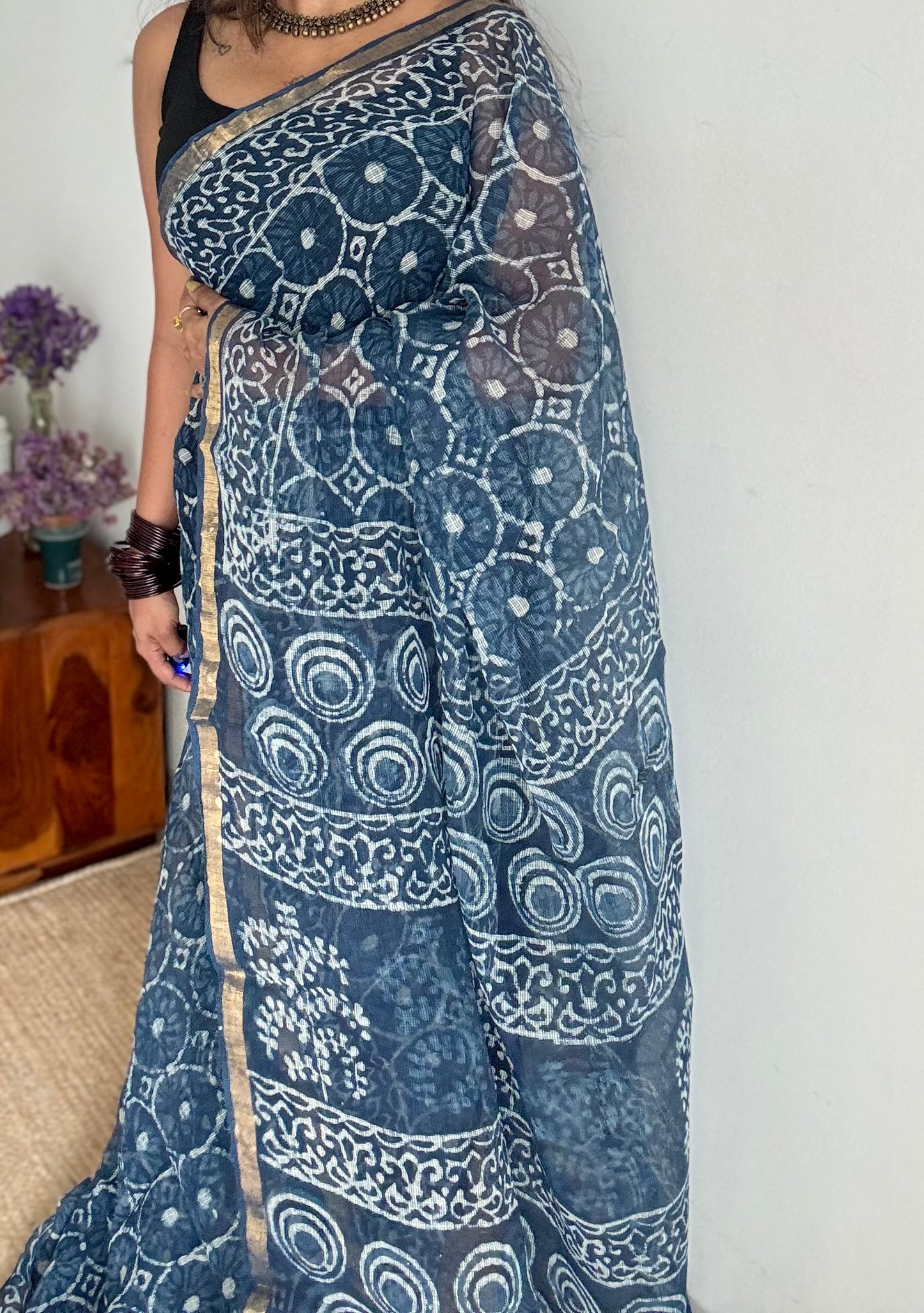 Neel Full Volume - indigo floral kota doria saree, with gold zari border - YCTORKDAP06