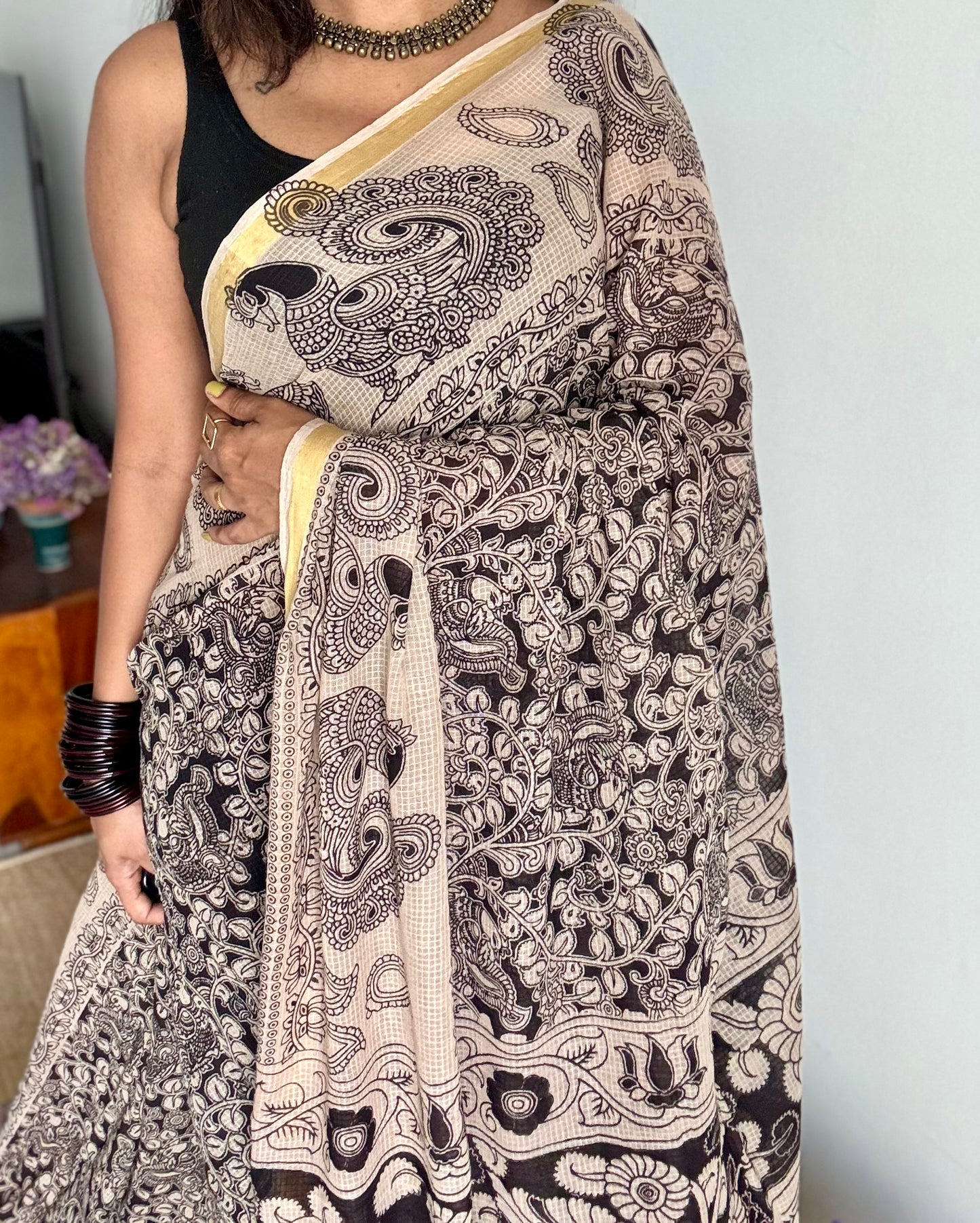 Black cream floral kalamkari saree in kota, with zari border - YCWOTDKKFE19