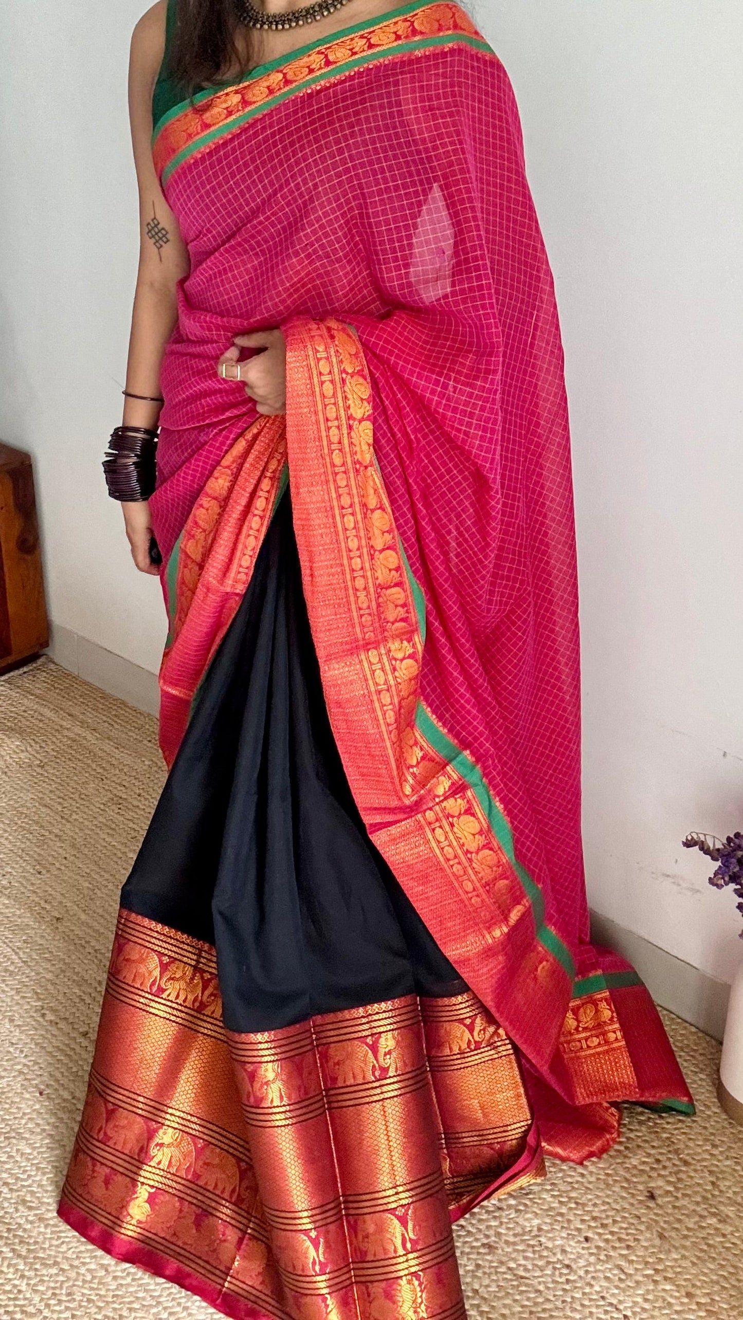 Black - Hot pink unstitched half saree material (dhavani), narayanpet cotton - YCIEHS216