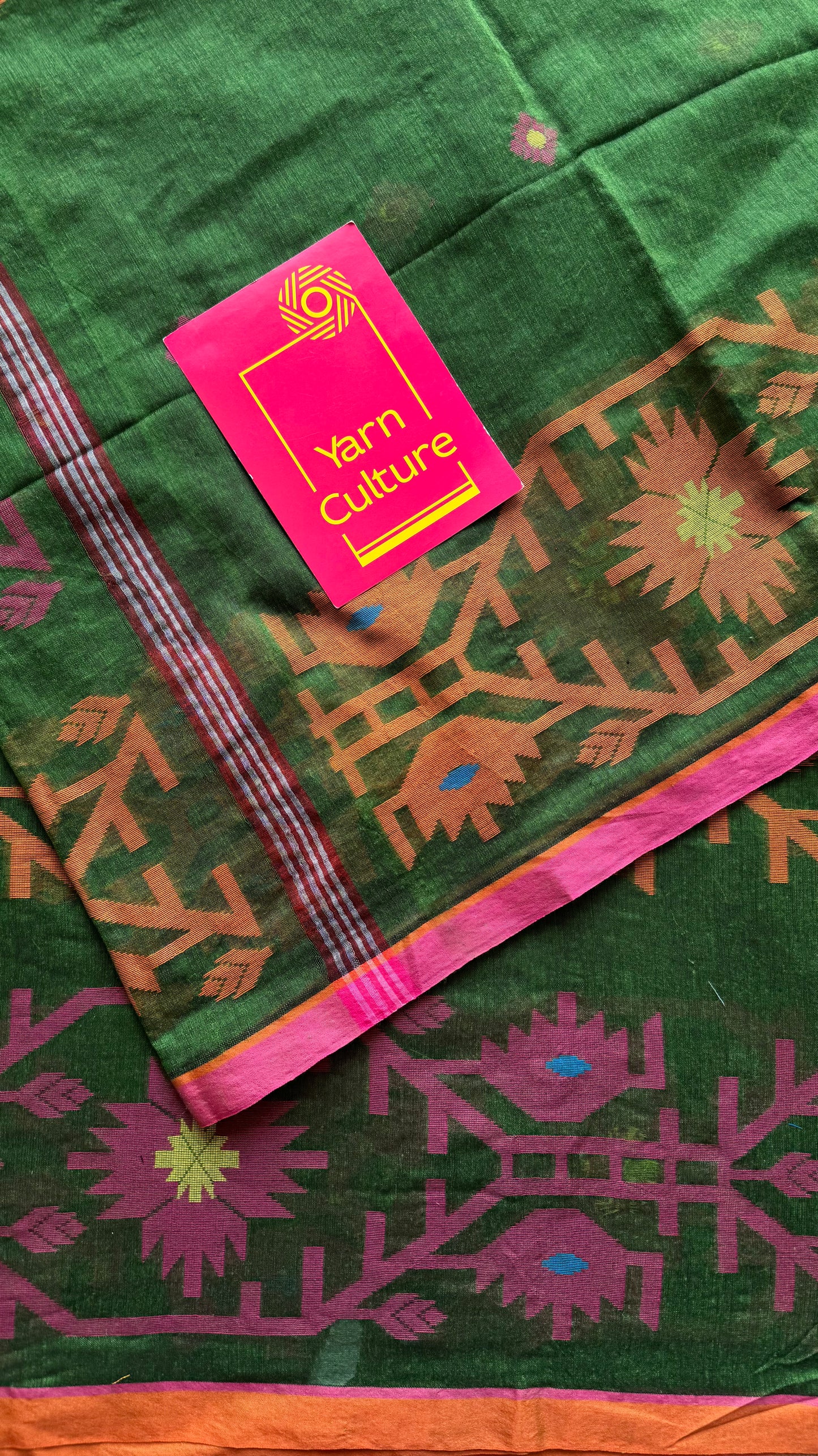 Green with pink and orange jamdani saree in mul cotton - YCBCJDFE383