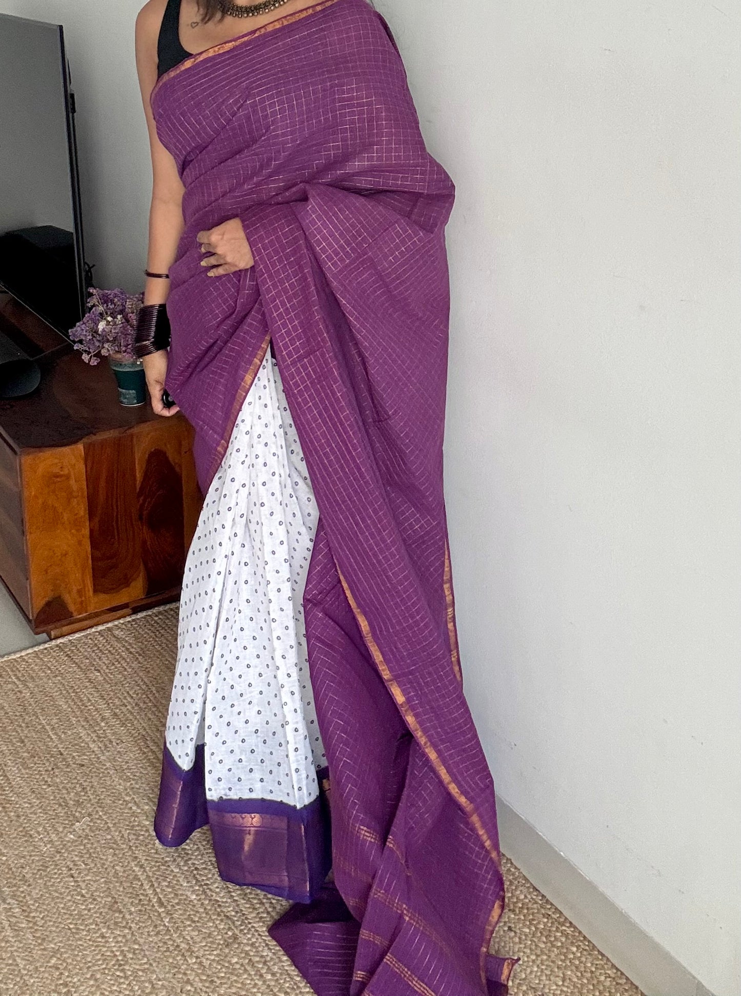 Purple with white, sungudi cotton half-half saree - YCCOTNMSFE372