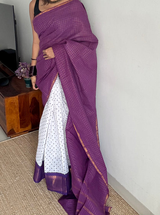 Purple with white, sungudi cotton half-half saree - YCCOTNMSFE372