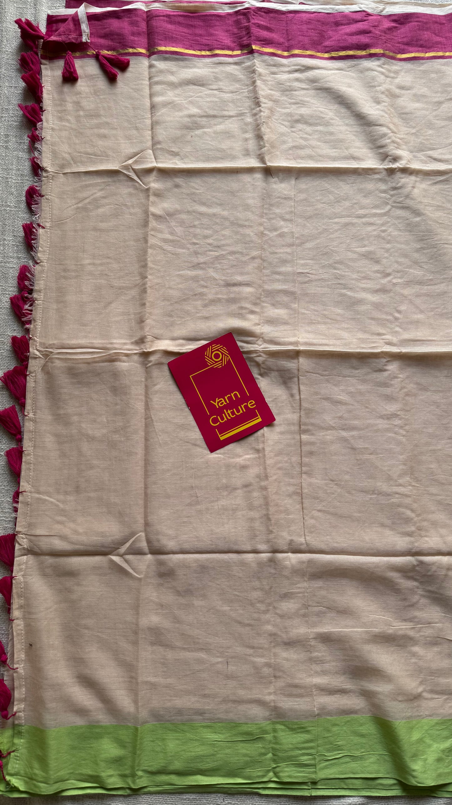 Sandal mul saree with pink and pista green borders - YCBCMCFE292