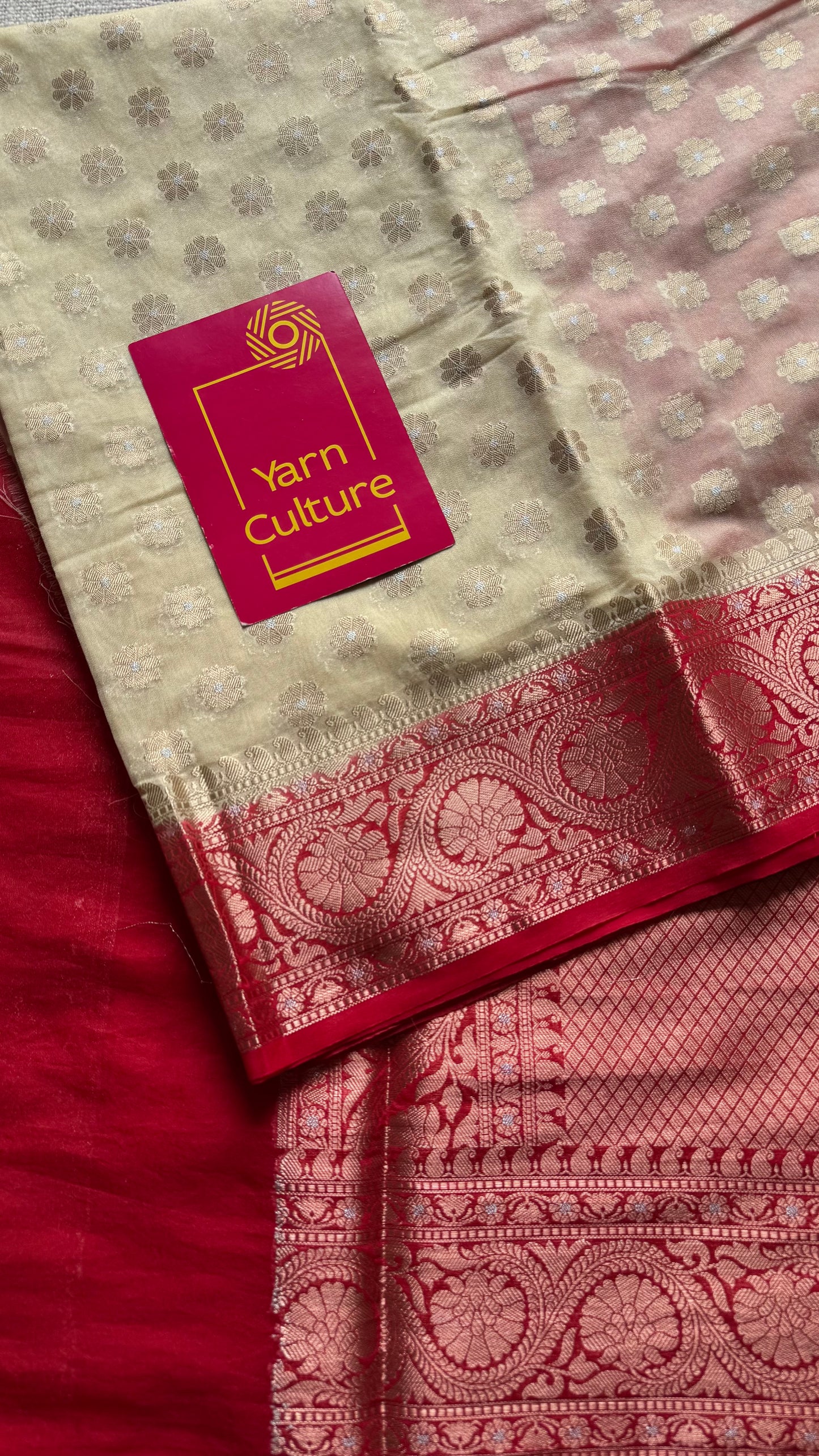 Cream with red contrast borders, banarasi semi georgette - YCBCDP19