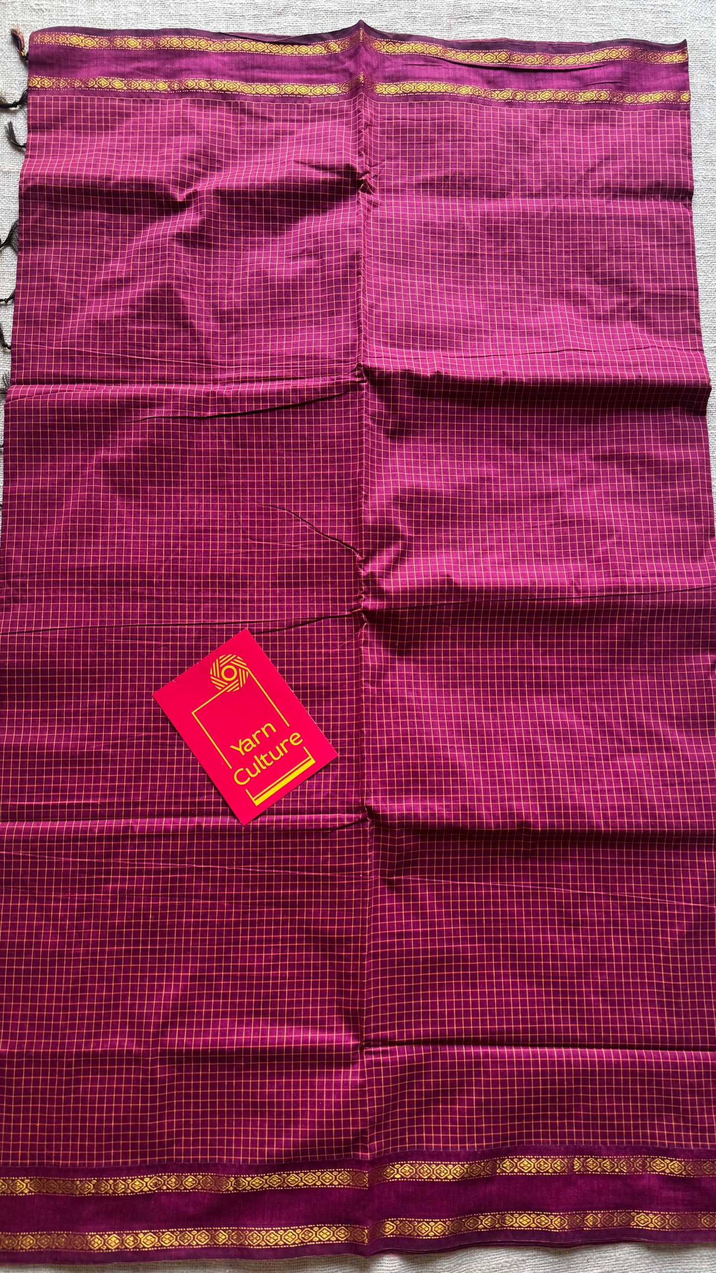 Dark berry pink (light burgundy), arani checks saree, cotton silk - YCCOTNARFE50