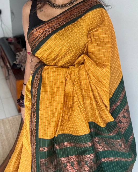 Mustard yellow with dark green checkered saree, cotton silk - YCCOTNKCFE67
