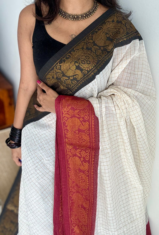 Sungudi cotton checks, ivory gold base, black and maroon dual tone border, soft cotton - YCCOTNAUS35