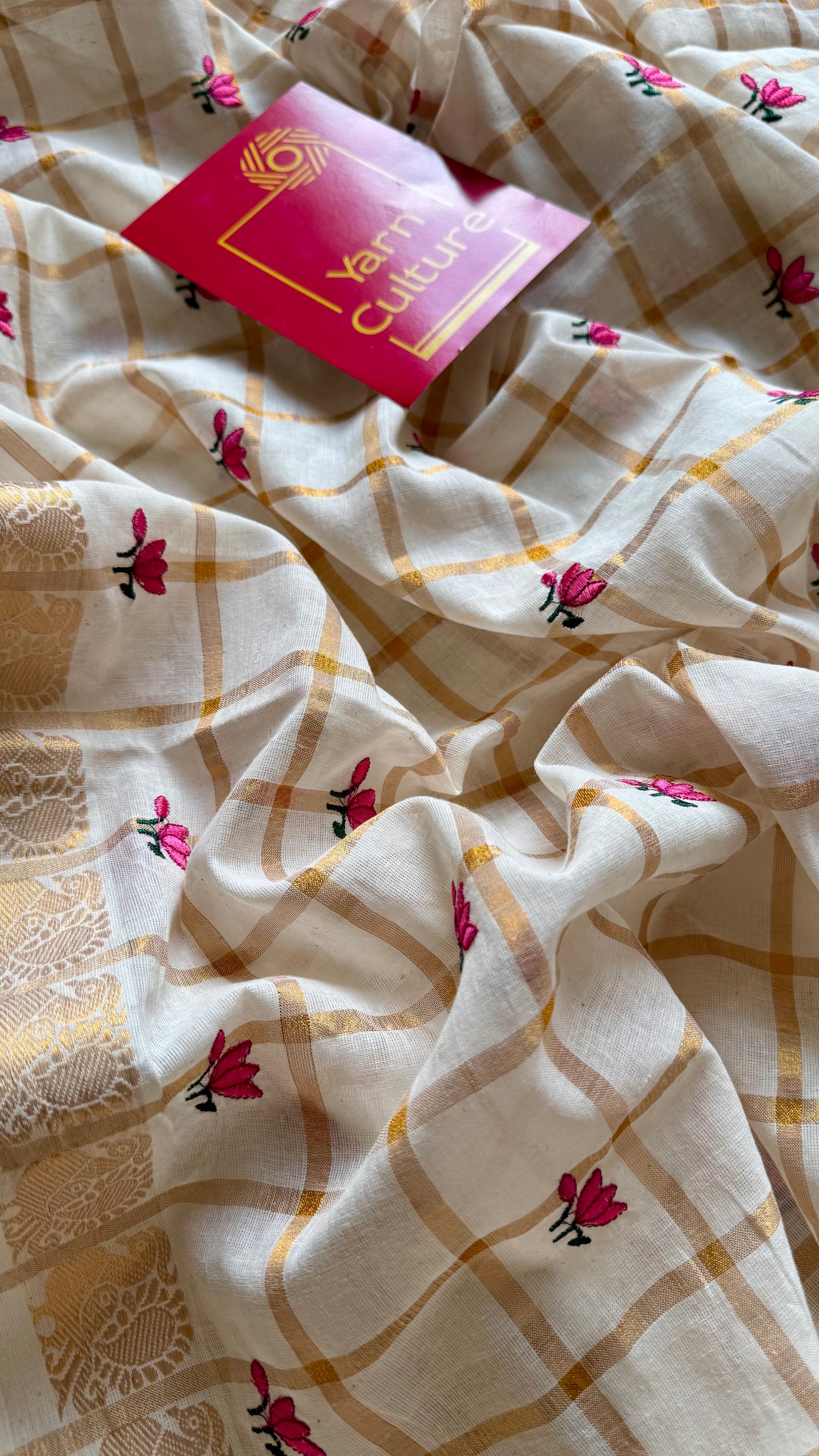 Sradha : Thaamara Kattam - pink lotus embroidery, ivory & gold, soft cotton - YCIEON167
