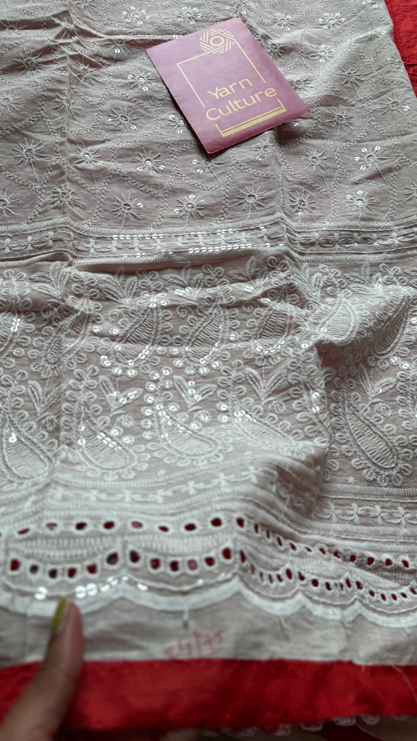 Red parijat with cream chikankari, half half saree - YCBCDP20