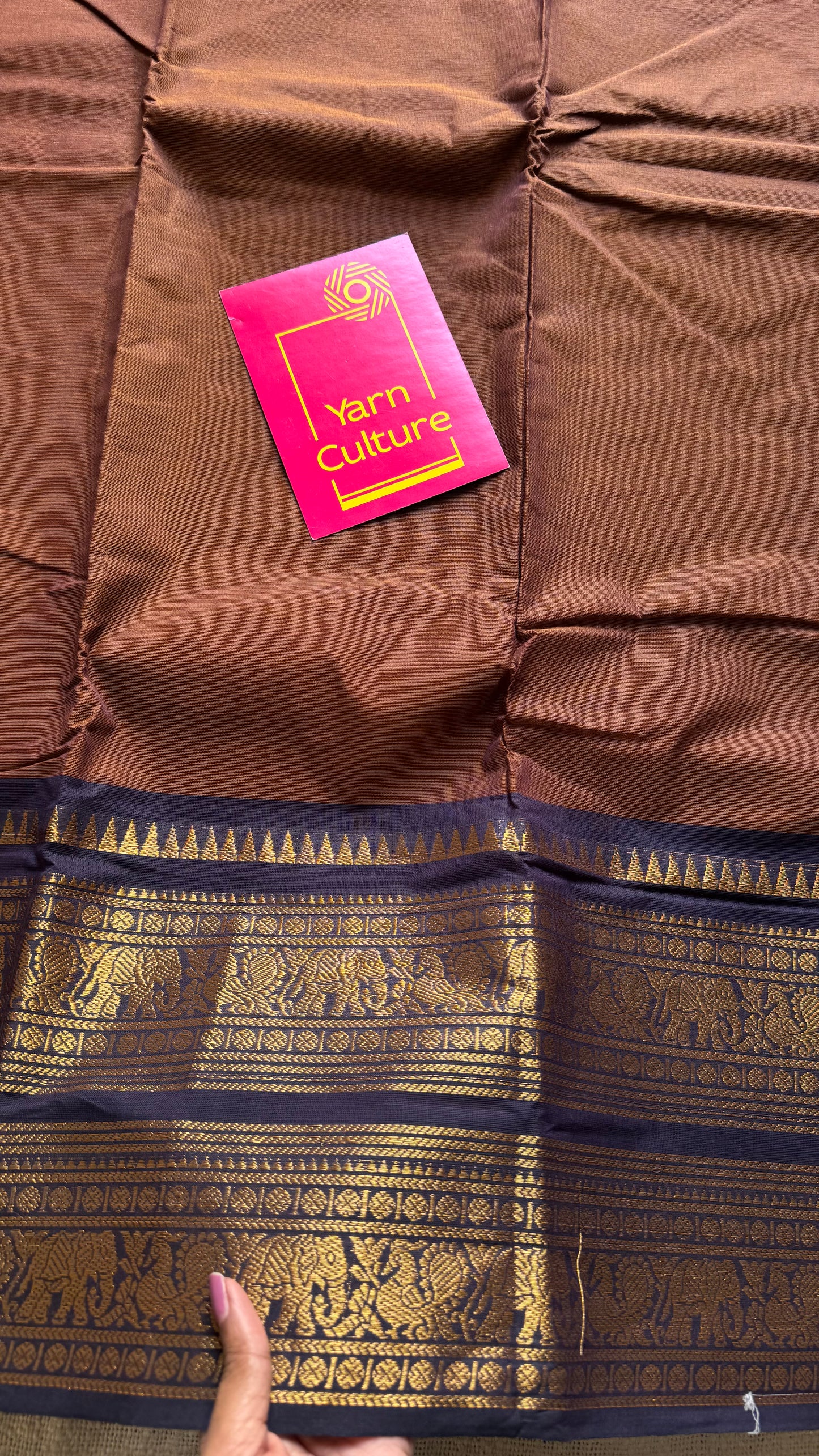 Brown with dark blue contrast, wide zari border, kanchi cotton - YCCOTNKCJA211