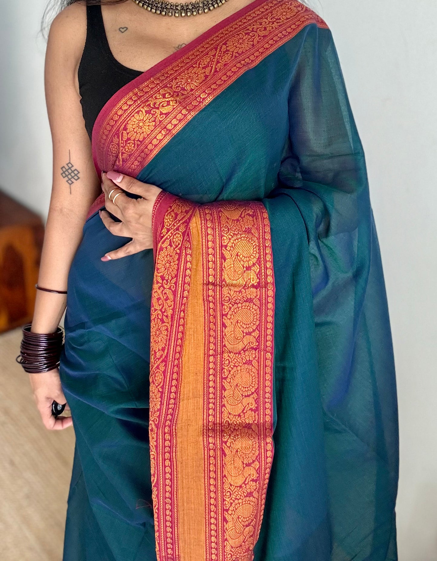 Peacock blue with dark pink wide border, narayanpet soft cotton saree - YCWOTDAUG02