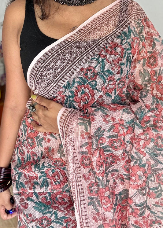 Peach Sharbat - peach floral kota doria saree - YCTORKDAP02