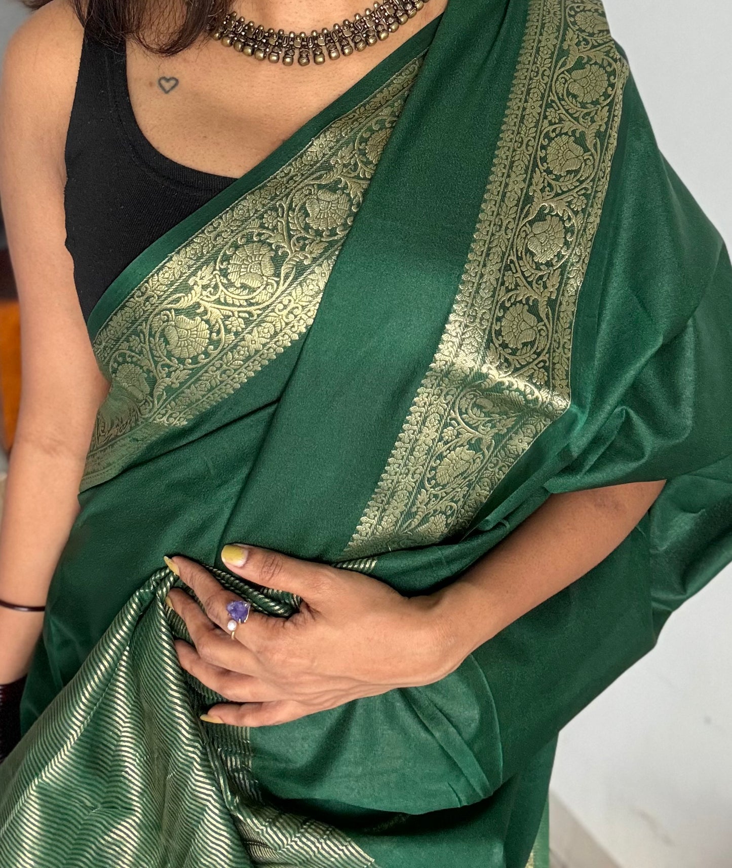 Dark green Mysore semi crepe silk saree - YCLOKFE240