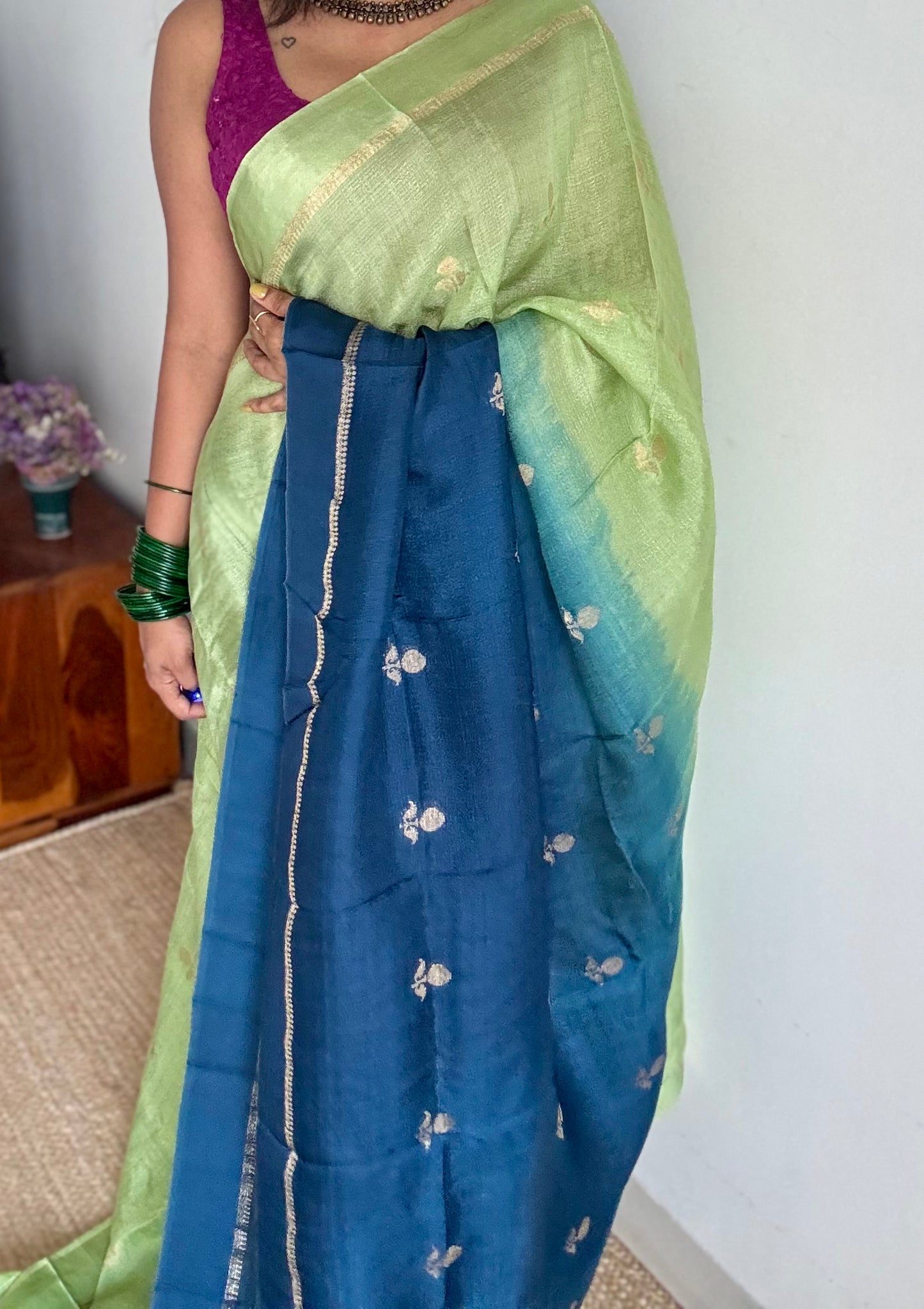 Pista green peacock blue dual tone in viscose soft silk with satin border, jacquard zari motifs - YCDOSFE195