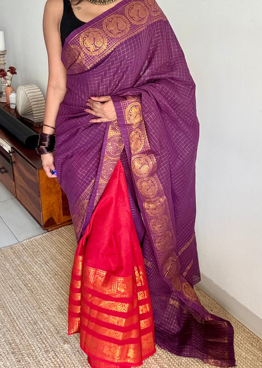Purple and chilli red, sungudi cotton half-half saree - YCCOTNIDMA308
