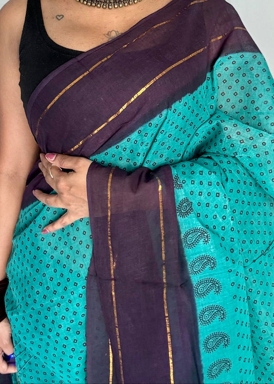 Aqua green with dark blue contrast, kattuchayam dyed madurai cotton saree - YCCOTNMA246